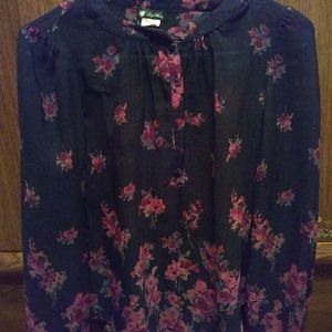 Black w/pink floral print long sleeve blouse
